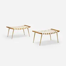 benches model 1797, pair by T. H. Robsjohn-Gibbings, c. 1955, walnut, brass, canvas webbing, sold Oct 2018