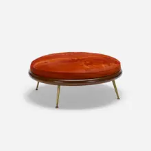 pouf, model 1745 by T. H. Robsjohn-Gibbings, c. 1950, cowhide, mahogany, brass, sold Oct 2018