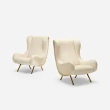 Senior lounge chairs, pair by Marco Zanuso, 1951, upholstery, brass, sold Oct 2018