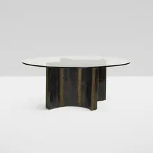 Paul Evans, dining table, c. 1968, welded and patinated steel, melt-coated brass over steel, glass