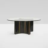 dining table by Paul Evans, c. 1968, welded and patinated steel, melt-coated brass over steel, glass, sold Oct 2018
