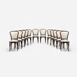 Gustav Siegel, dining chairs, set of twelve, c. 1900, stained beech, upholstery