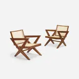 lounge chairs from Chandigarh, pair by Pierre Jeanneret, c. 1955, teak, cane, upholstery, sold Oct 2018