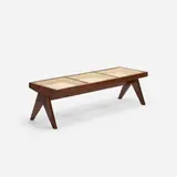 bench from the M.L.A. Flats building, Chandigarh by Pierre Jeanneret, c. 1955, teak, cane, upholstery, sold Oct 2018