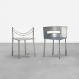 Rei Kawakubo, Rare chairs, set of two, c. 1987, galvanized steel, chrome-plated steel, enameled steel