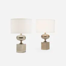 Philippe Barbier, table lamps, pair, c. 1975, nickel-plated brass, paper
