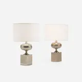 Philippe Barbier, table lamps, pair, c. 1975, nickel-plated brass, paper