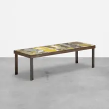 Roger Capron, coffee table, c. 1965, ceramic tile, matte chrome-plated steel