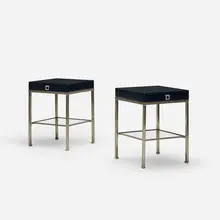 Guy Lefevre, nightstands, pair, c. 1975, lacquered wood, matte chrome-plated steel, glass