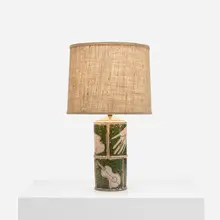 table lamp by Guido Gambone, c. 1955, glazed stoneware, linen, sold Oct 2018