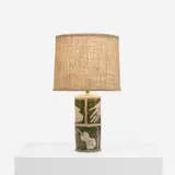 table lamp by Guido Gambone, c. 1955, glazed stoneware, linen, sold Oct 2018