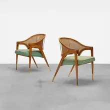 armchairs model 5480, pair by Edward Wormley, 1954, lacquered and laminated oak, upholstery, cane, brass, sold Oct 2018