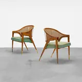 Edward Wormley, armchairs model 5480, pair, 1954, lacquered and laminated oak, upholstery, cane, brass