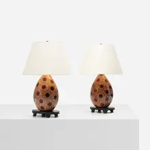 Christopher Spitzmiller, table lamps, pair, c. 2000, glazed ceramic, carved and lacquered wood, paper