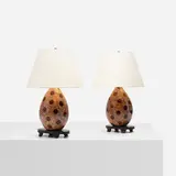 Christopher Spitzmiller, table lamps, pair, c. 2000, glazed ceramic, carved and lacquered wood, paper