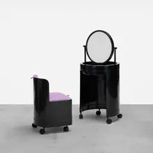 Studio Kastilia, Silvi vanity with stool, c. 1975, molded plastic, mirrored glass, upholstery