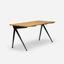 Compas desk by Jean Prouvé, 1953, enameled steel, oak, sold Oct 2018
