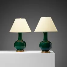 Christopher Spitzmiller, table lamps, pair, c. 2000, glazed ceramic, paper, gilt wood