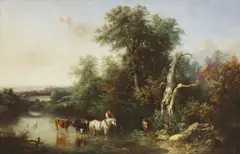 George Shalders, Untitled, a cart on the bridge in the distance oil on canvas 98 x 149cm