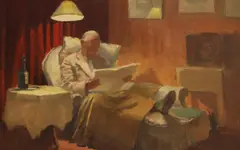Untitled by Hermione Hammond, Hermione Hammond (1910-2005) A gentleman reading oil on board 26 x 39.5cm ., sold Apr 2021