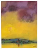 Emil Nolde, Landschaft mit Kirche (gelb und violett), Um 1931, Aquarell auf Japan