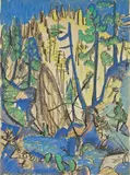 Ernst Ludwig Kirchner, Blick ins Tobel, Um 1920, Gouache, Aquarell und Farbkreide über schwarzer Kreide auf bräunlichem Karton