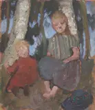 Paula Modersohn-Becker, Zwei sitzende Kinder vor Birkenstämmen, 1904, Öl auf Pappe auf Karton