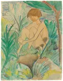 Otto Mueller, Im Gras sitzendes Mädchen, Um 1925, Aquarell und Farbkreide auf Velin