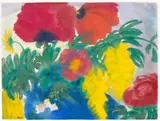 Mohn, Dahlien und Goldregen in blauer Vase by Emil Nolde, Um 1930, Aquarell auf Japan, sold Jul 2020
