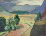 Landschaft bei Murnau by Gabriele Münter, 1935, Öl auf Pappe, sold May 2019