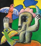 Horst Antes, Figur mit Vögeln, 1963, Öl und Tempera auf Leinwand