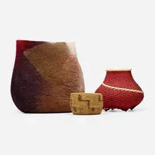 Craft, Collection of three baskets, felt, dyed and woven flat reeds, woven jute