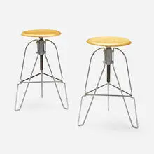 Jeff Covey, Covey Model Six stools, pair, chrome-plated steel, maple plywood, aluminum