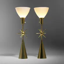 Laurel Lamp Co., Table lamps, pair, c. 1970, brass, white glass, fabric shades
