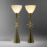 Laurel Lamp Co., Table lamps, pair, c. 1970, brass, white glass, fabric shades