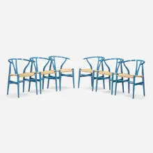 Hans J. Wegner, Wishbone chairs, set of six, lacquered wood, paper cord