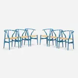 Hans J. Wegner, Wishbone chairs, set of six, lacquered wood, paper cord
