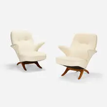 Theo Ruth, Penguin lounge chairs, pair, 1957, upholstery, oak