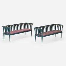 Eliel Saarinen, Blue Sofa, pair, c. 1929 / 1983, lacquered wood, upholstery
