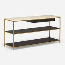 Irwin Collection console, model C9315 by Paul McCobb, c. 1958, brass, mahogany, travertine, sold Mar 2024