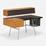 George Nelson & Associates, Home office desk, model 4658, 1946, oak, leather, vinyl, brushed chrome-plated steel, perforated enameled aluminum