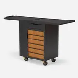Edward Wormley, Folding bar cart, model 5433, c. 1949, walnut, lacquered wood, laminate, brass, casters, leather