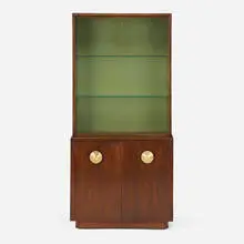 Paldao Group cabinet, model 4190 by Gilbert Rohde, 1941, paldao, leatherette, glass, bronze, sold Mar 2024