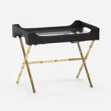 Jacques Adnet, Luggage rack with tray, c. 1950, saddle-stitched leather over steel, brass-coated steel, glass