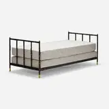 Jacques Adnet, Daybed, c. 1950, saddle-stitched leather over steel, enameled steel, brass