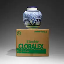 Eduardo Sarabia, A thin line between love and hate 91, 2005, hand-painted earthenware, screenprinted cardboard, tape