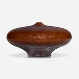 Squat closed form by Gertrud and Otto Natzler, 1966, earthenware with Purple Crystal glaze, sold Feb 2024