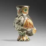 Chouette vase by Pablo Picasso, glazed white earthenware with engobe decoration and black patina, sold Feb 2024