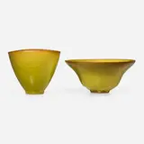 Oval vase and double-curved bowl by Gertrud and Otto Natzler, c. 1948, 1963, earthenware with Chartreuse glaze, sold Feb 2024
