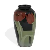 Sallie Coyne for Rookwood Pottery, earthenware Black Iris glaze vase with red tulip decoration